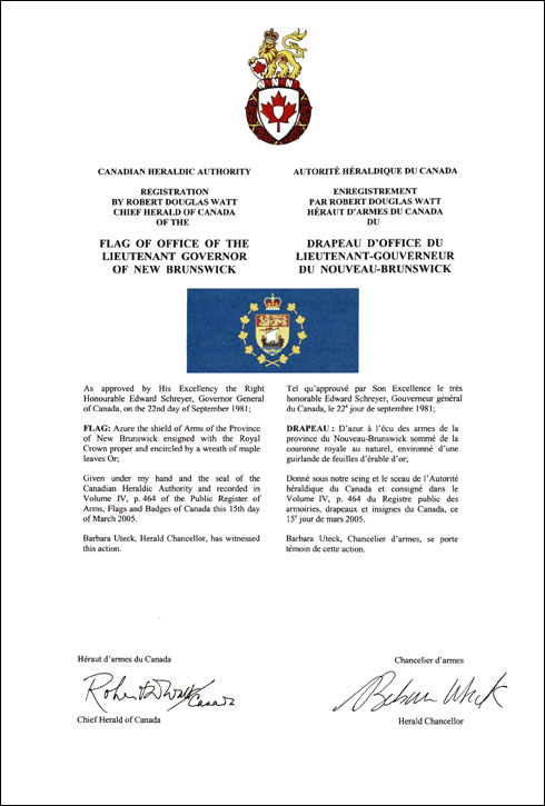 Lettres patentes enregistrant les emblèmes héraldiques du Lieutenant-gouverneur du Nouveau-Brunswick