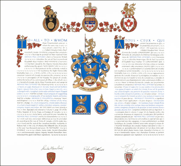 Letters patent granting heraldic emblems to Arthur Paul Leynard