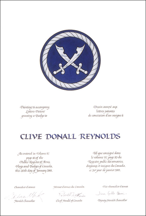 Letters patent granting heraldic emblems to Clive Donall Reynolds