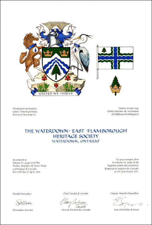 Lettres patentes concédant des emblèmes héraldiques à The Waterdown-East Flamborough Heritage Society