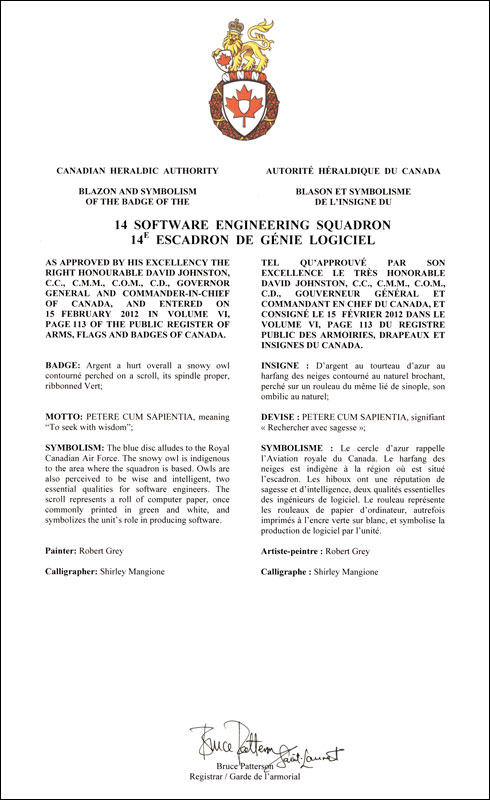 Lettres patentes approuvant l'insigne du 14e Escadron de génie logiciel