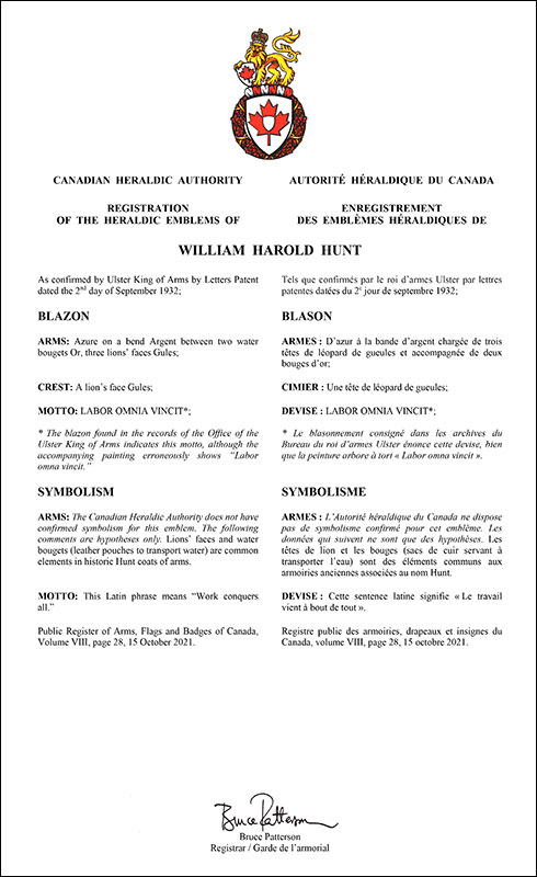 Letters patent registering the heraldic emblems of William Harold Hunt