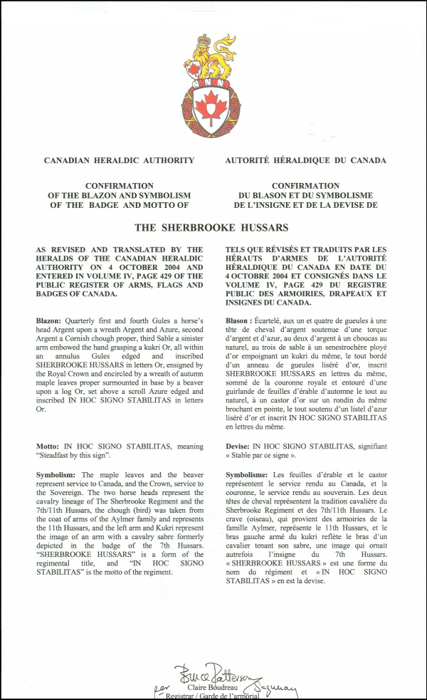 Letters patent confirming the blazon of the Badge of The Sherbrooke Hussars