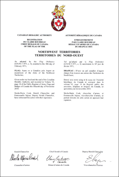 Lettres patentes enregistrant le drapeau des Territoires du Nord-Ouest