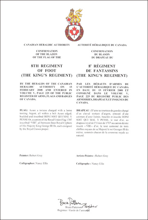 Lettres patentes confirmant le blasonnement du drapeau du 8e Régiment de fantassins (The King’s Regiment)
