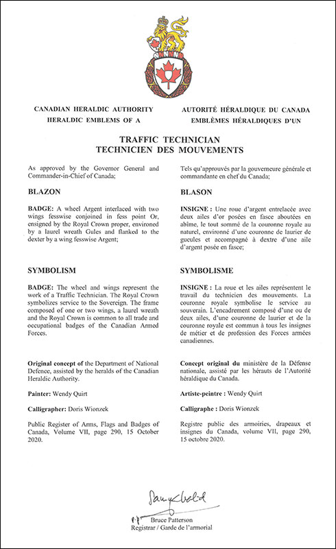 Letters patent approving the heraldic emblems of the Traffic Technician of the Royal Canadian Air Force