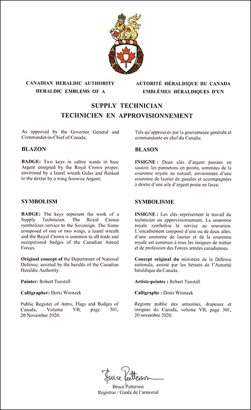 Letters patent approving the heraldic emblems of the Supply Technician of the Royal Canadian Air Force