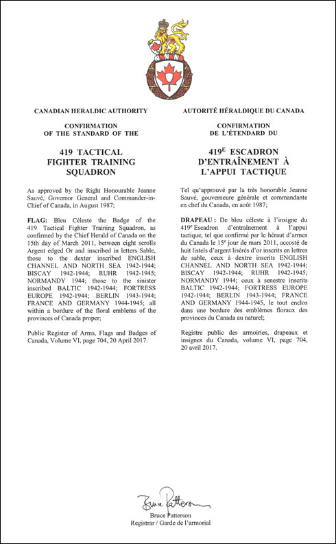 Letters patent confirming the Standard of the 419 Tactical Fighter Training Squadron