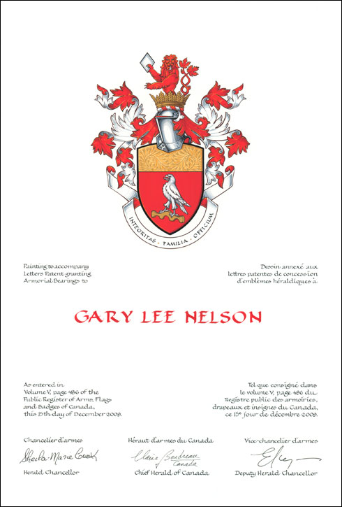 Lettres patentes concédant des emblèmes héraldiques à Gary Lee Nelson