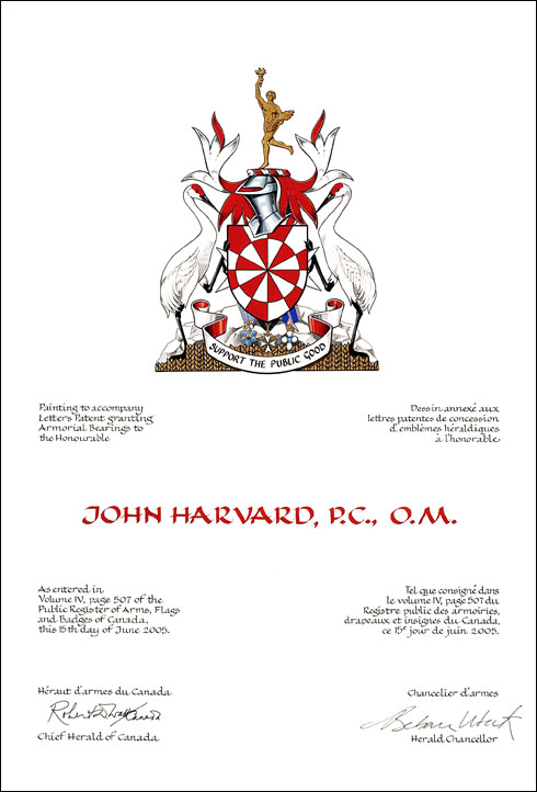 Letters patent granting heraldic emblems to John Harvard