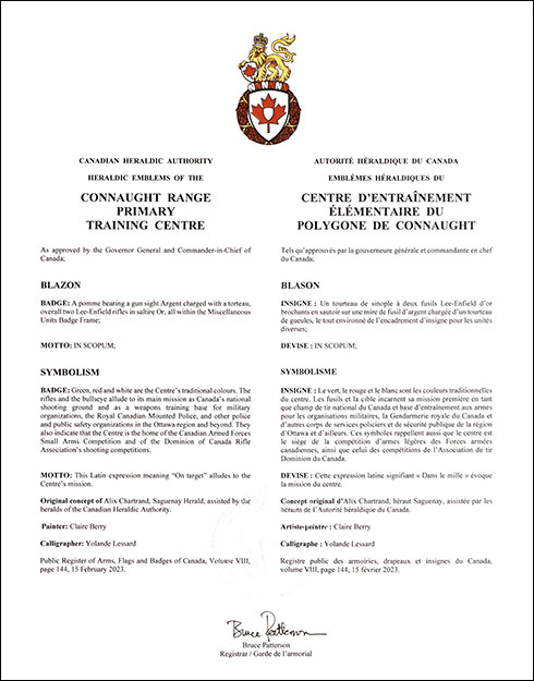 Lettres patentes approuvant les emblèmes héraldiques du Centre d’entraînement élémentaire du polygone de Connaught