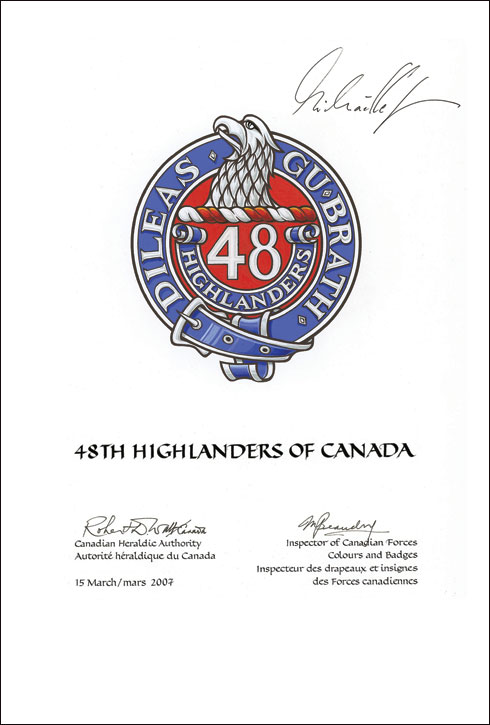 Lettres patentes approuvant un insigne pour le 48th Highlanders of Canada