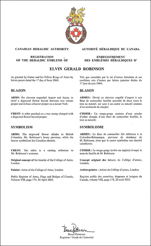 Lettres patentes enregistrant les emblèmes héraldiques d'Elvin Gerald Robinson