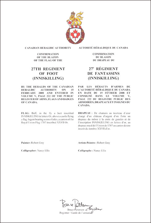 Letters patent confirming the blazon of the Flag of the 27th Regiment of Foot (Inniskilling)