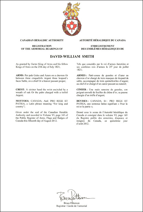 Lettres patentes enregistrant les emblèmes héraldiques de David-William Smith