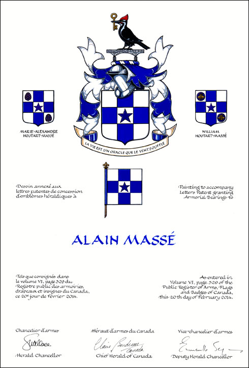 Letters patent granting heraldic emblems to Alain Massé