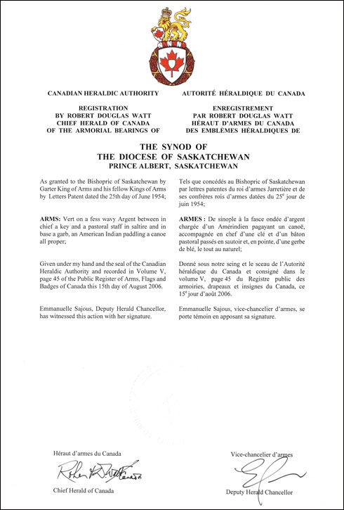Letters patent registering the heraldic emblems of The Synod of the Diocese of Saskatchewan