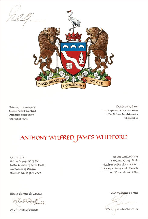 Lettres patentes concédant des emblèmes héraldiques à Anthony Wilfred James Whitford