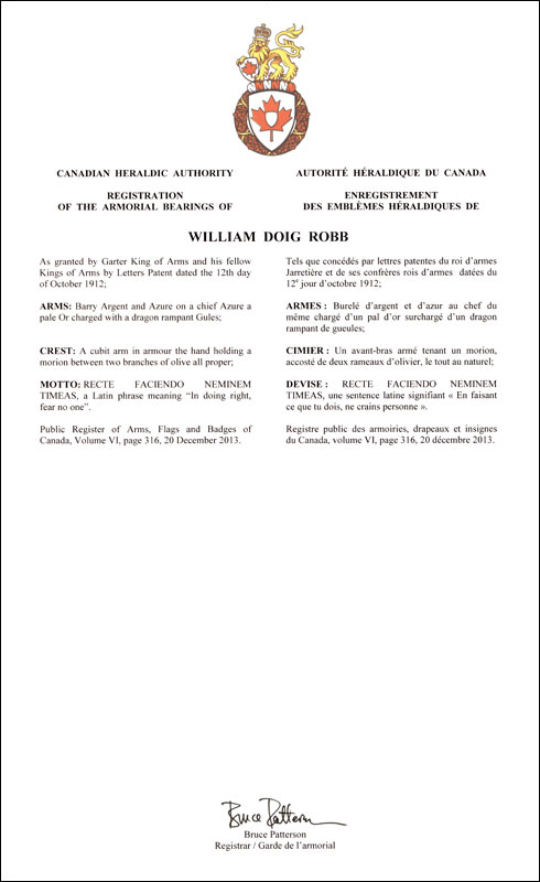 Lettres patentes enregistrant les emblèmes héraldiques de William Doig Robb