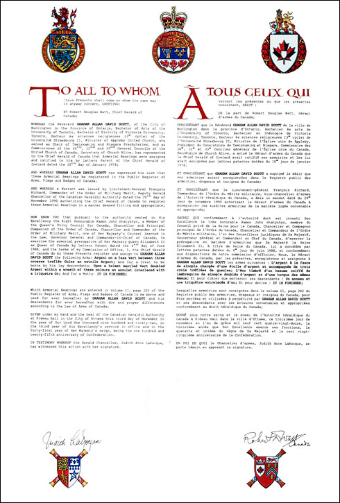 Letters patent registering the heraldic emblems of Graham Allan David Scott