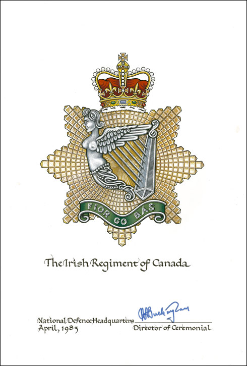 Letters patent confirming the blazon of the Badge of the Irish Regiment of Canada