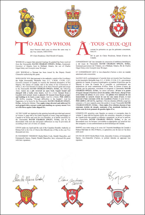Letters patent granting heraldic emblems to David Charles Onley