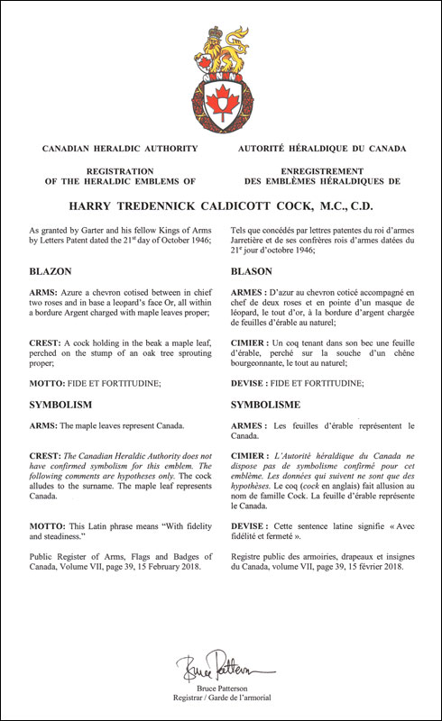 Lettres patentes enregistrant les emblèmes héraldiques de Harry Tredennick Caldicott Cock