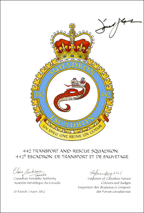Lettres patentes confirmant le blasonnement de l'insigne du 442e Escadron de transport et de sauvetage