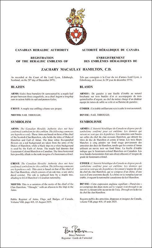 Lettres patentes enregistrant les emblèmes héraldiques de Zachary Macaulay Hamilton