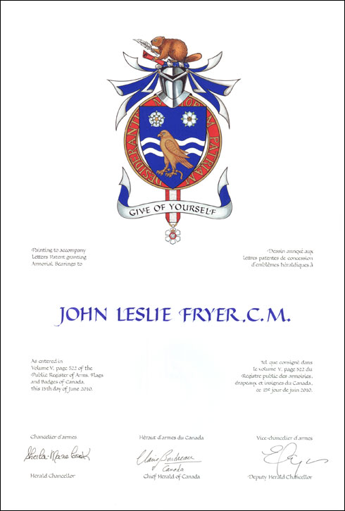 Letters patent granting heraldic emblems to John Leslie Fryer