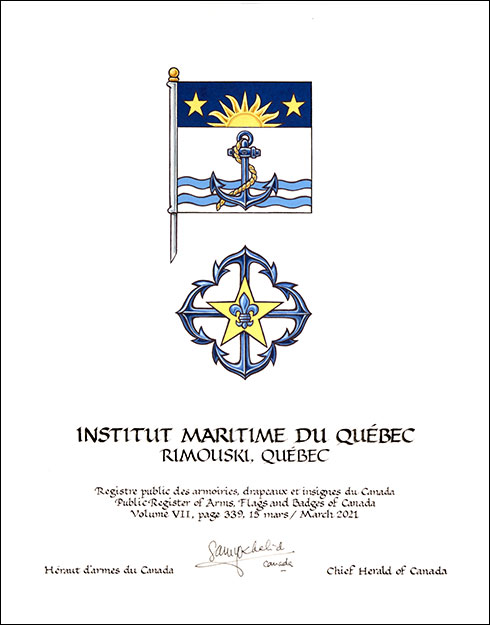 Lettres patentes concédant des emblèmes héraldiques à l'Institut maritime du Québec