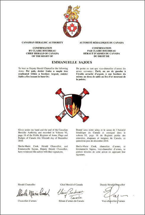 Lettres patentes confirmant les armoiries parties d’office de Emmanuelle Sajous en tant que vice-chancelier d'armes