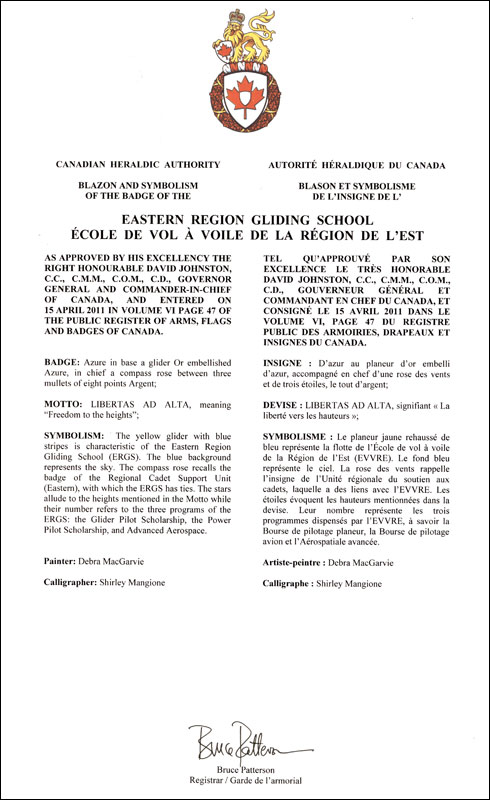 Letters patent approving the Badge of the Eastern Region Gliding School