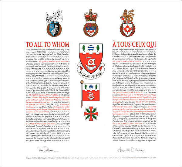 Lettres patentes concédant des emblèmes héraldiques à la St. Jude’s Anglican Church