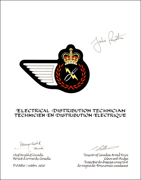 Lettres patentes approuvant les emblèmes héraldiques du Technicien en distribution électrique de l’Aviation royale canadienne