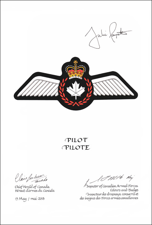 Lettres patentes approuvant les emblèmes héraldiques d'un pilote des Forces armées canadiennes
