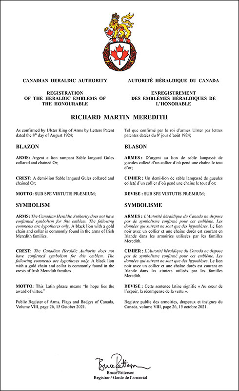 Letters patent registering the heraldic emblems of Richard Martin Meredith
