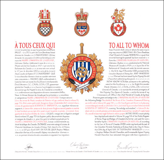 Lettres patentes concédant des emblèmes héraldiques au Musée canadien de l’histoire