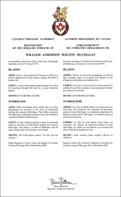 Letters patent registering the heraldic emblems of William Anderson Wigton McColgan