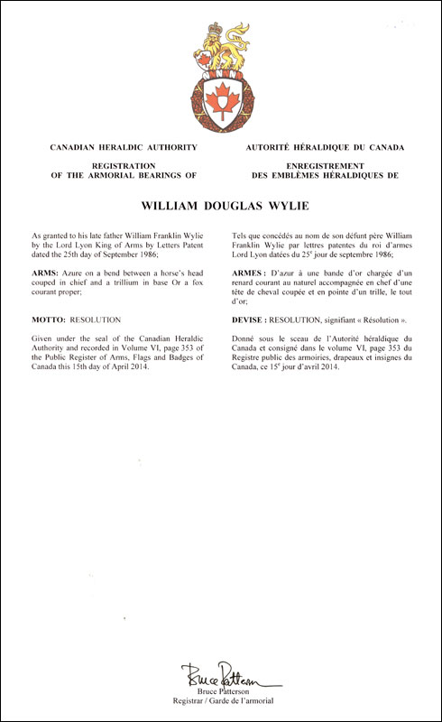 Lettres patentes enregistrant les emblèmes héraldiques de William Douglas Wylie