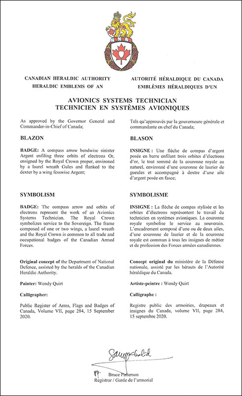 Lettres patentes approuvant les emblèmes héraldiques d'un Technicien en systèmes avioniques de l’Aviation royale canadienne