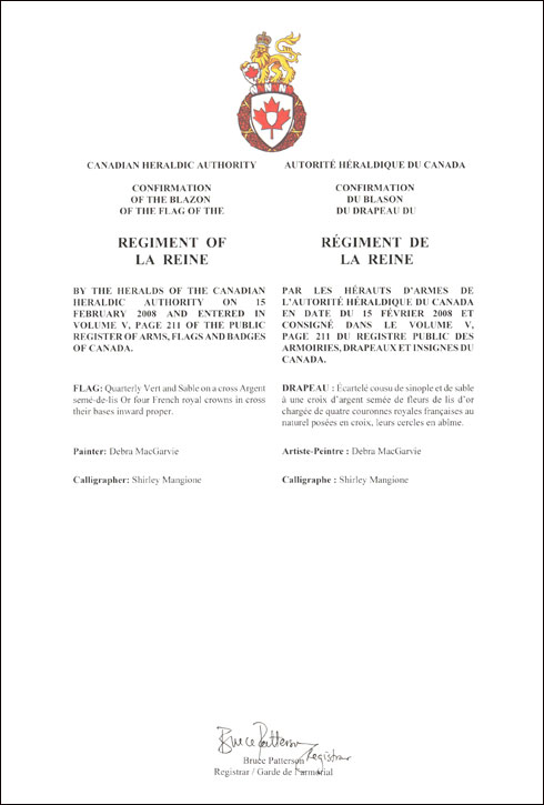 Letters patent confirming the blazon of the Flag of the Regiment of La Reine