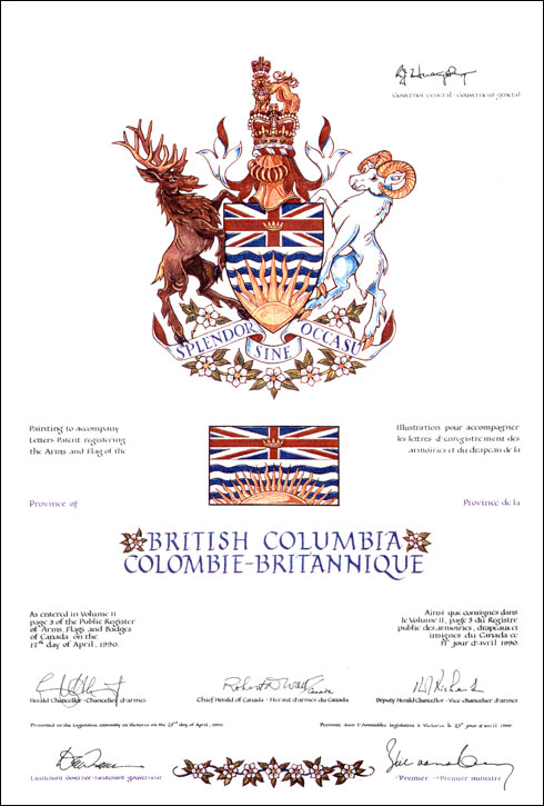 Letters patent registering the heraldic emblems of the Province of British Columbia
