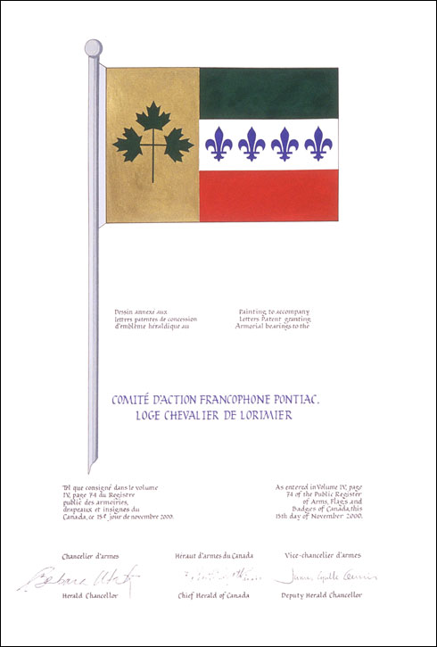 Lettres patentes concédant des emblèmes héraldiques au Comité d'action francophone Pontiac, Loge Chevalier de Lorimier