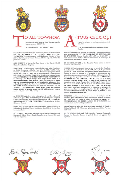 Letters patent granting heraldic emblems to the University of Ontario Institute of Technology