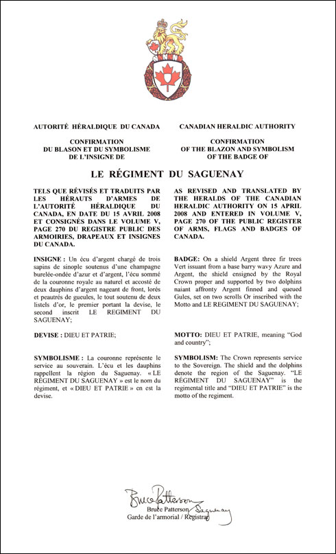 Lettres patentes confirmant le blasonnement de l'insigne du Régiment du Saguenay
