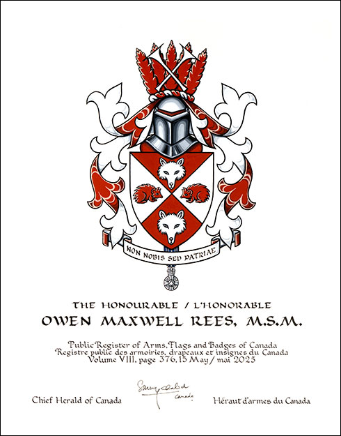Lettres patentes concédant des emblèmes héraldiques à Owen Maxwell Rees