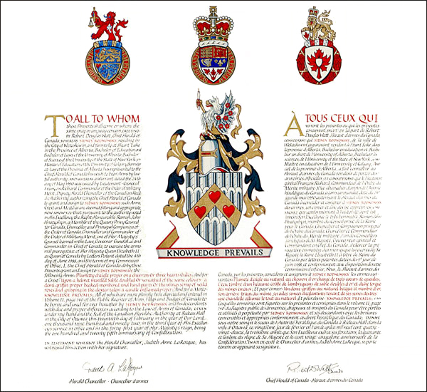 Letters patent granting heraldic emblems to Sidney Rodnunsky