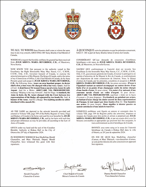 Letters patent granting heraldic emblems to Julie Krista Maria Beveridge