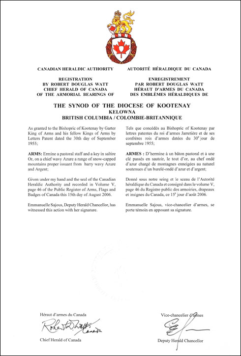 Lettres patentes enregistrant les emblèmes héraldiques de The Synod of the Diocese of Kootenay